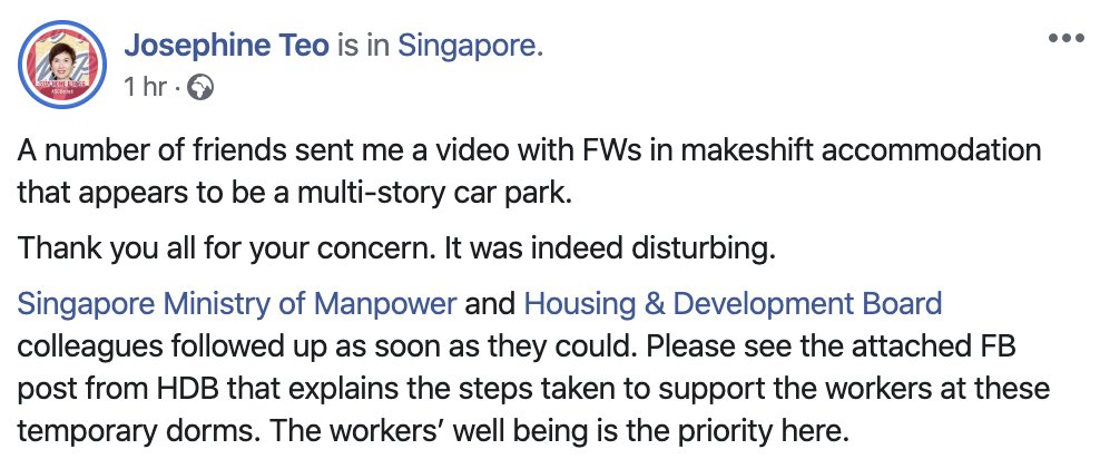 There is a bit of a jump in manpower minister Josephine Teo's comments: she acknowledges that the circulated video was "disturbing", and that her officers looked into it, but then goes straight to referencing HDB's post, which shows quite different conditions from the video.