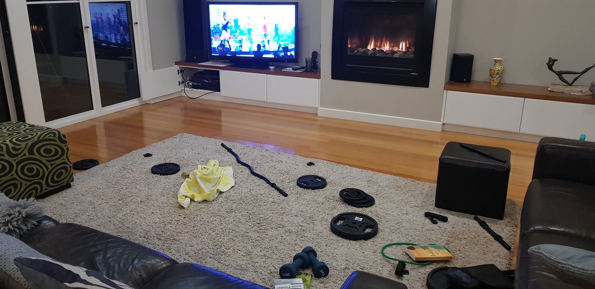 SFindlaytickner's tweet photo. Does anyone else's loungeroom now resemble a gym?
A gym where NO-ONE puts the weights away?
@LesMills #WorkoutFromHome #coronavirus #whyyyyyyyyy? https://t.co/6FYsu91rze