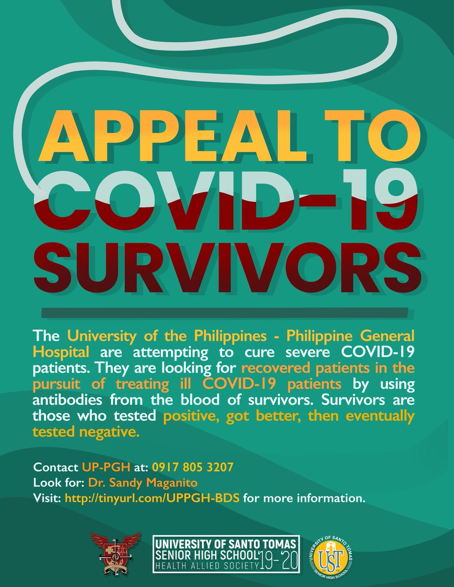 ustshshasoc's tweet image. As we strengthen our ground in combatting this pandemic, let us help the UP-PGH in finding COVID-19 survivors. May the spirit of &quot;Bayanihan&quot; flow upon and solidify our compassion for others amidst this crisis.
#PrayForOurFrontliners #FreeMassTestingNowPH