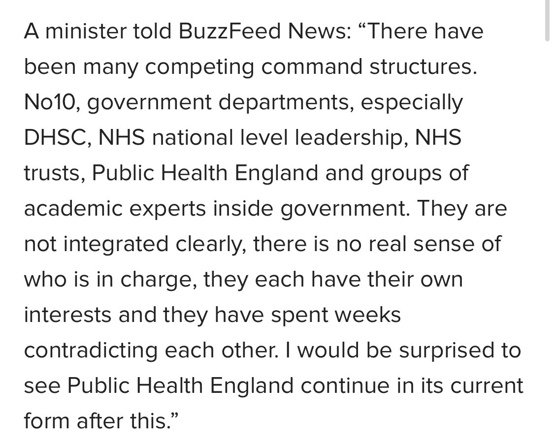 A minister’s view of things inside government. There is widespread criticism of Public Health England, which many think post-coronavirus cannot continue in its current form  https://www.buzzfeed.com/alexwickham/coronavirus-health-politics-economics-johnson-cummings