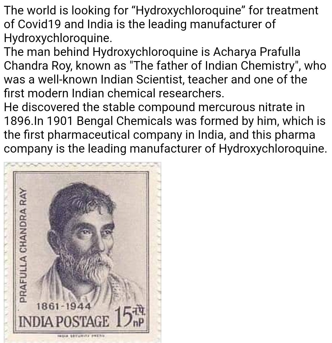 saturnsatya's tweet photo. The Father of Indian Chemistry and the man behind #Hydroxychloroquine https://t.co/im5UNZgwdD