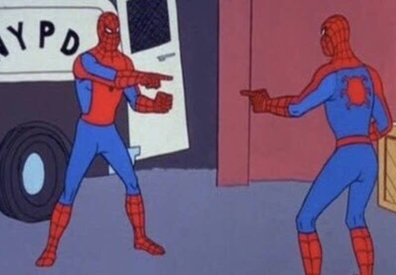Source referenced this meme of two Spidermen pointing fingers at each other, predicting this would resemble Cummings and Sedwill blaming each other at a future public inquiry No10 say it is “categorically untrue” that aides and officials are at odds  https://www.buzzfeed.com/alexwickham/coronavirus-health-politics-economics-johnson-cummings