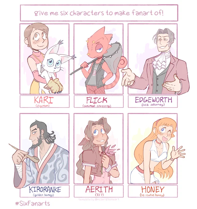 #SixFanarts finally! this was pretty fun, i got to draw three cute girls, two wide men, and a lizard 