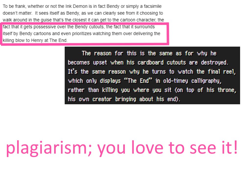 since everybody seems to suddenly be realizing that squigglydigg is kind of a weirdo due to that lilo and stitch post, i would also like to point out that she plagiarized a bendy and the ink machine theory i wrote after the 5th chapter of the game was released. (cont.)