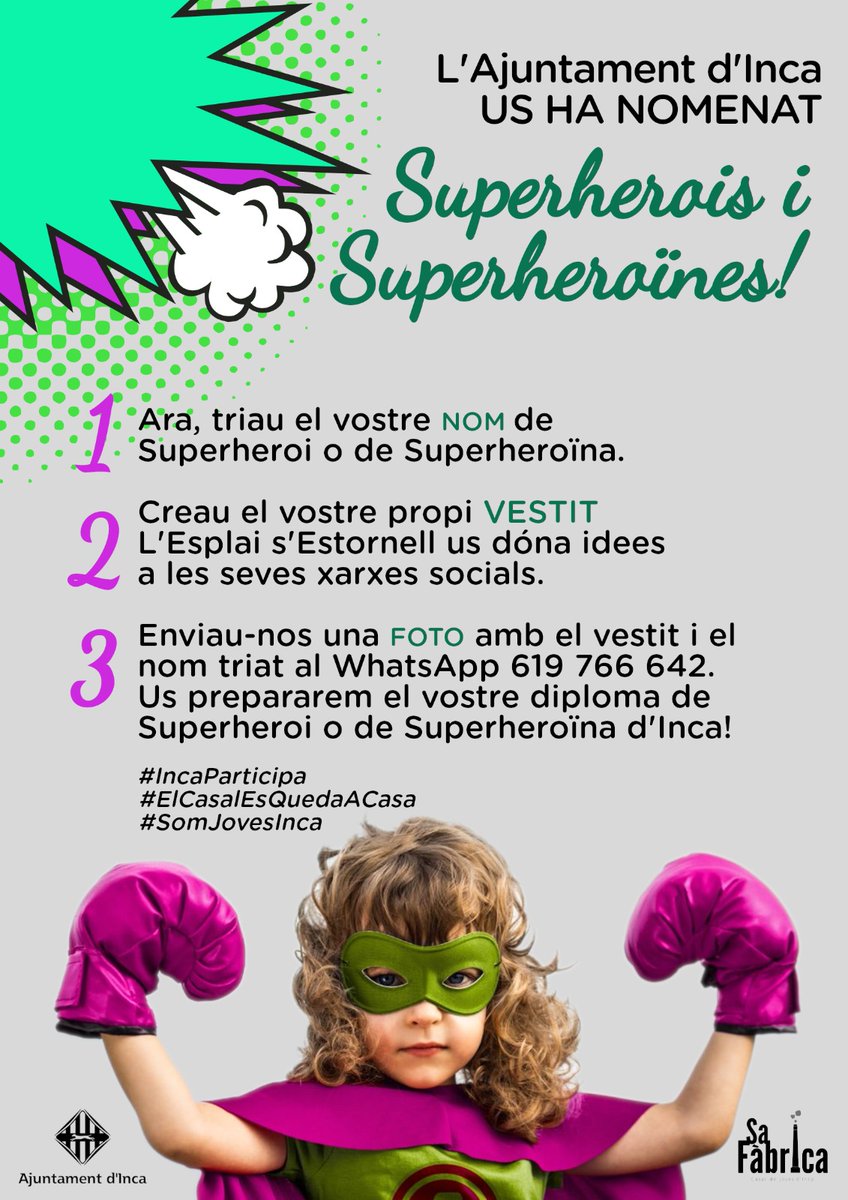 🙋🙋‍♂️Hola Superherois i Superheroïnes!!!
Seguiu les instruccions ⬇️⬇️ i tendreu el vostre diploma. 😘😘

<a href="/sestornell/">C.E S'Estornell</a>
#IncaParticipa 
#ElCasalEsQuedaACasa 
#somjovesinca
