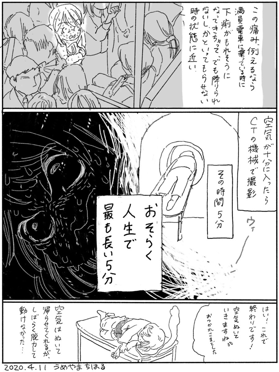 大腸CT検査生活⑫
決して漏らしてはならぬ。

#絵日記 #コミックエッセイ
たった5分間の検査なのでちょっと我慢するだけのように感じますが、この痛み尋常にあらず。陣痛ってこんな感じ?だとしたらママさん達すごすぎるわ!え、もっと痛いの…?😨 