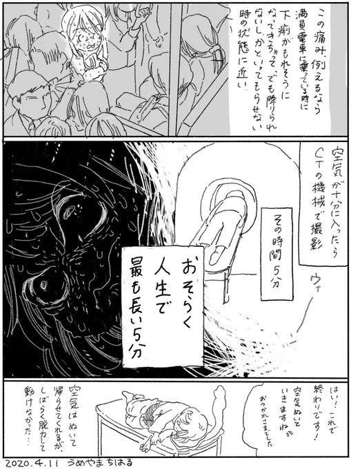 大腸CT検査生活⑫
決して漏らしてはならぬ。

#絵日記 #コミックエッセイ
たった5分間の検査なのでちょっと我慢するだけのように感じますが、この痛み尋常にあらず。陣痛ってこんな感じ?だとしたらママさん達すごすぎるわ!え、もっと痛いの…?😨 