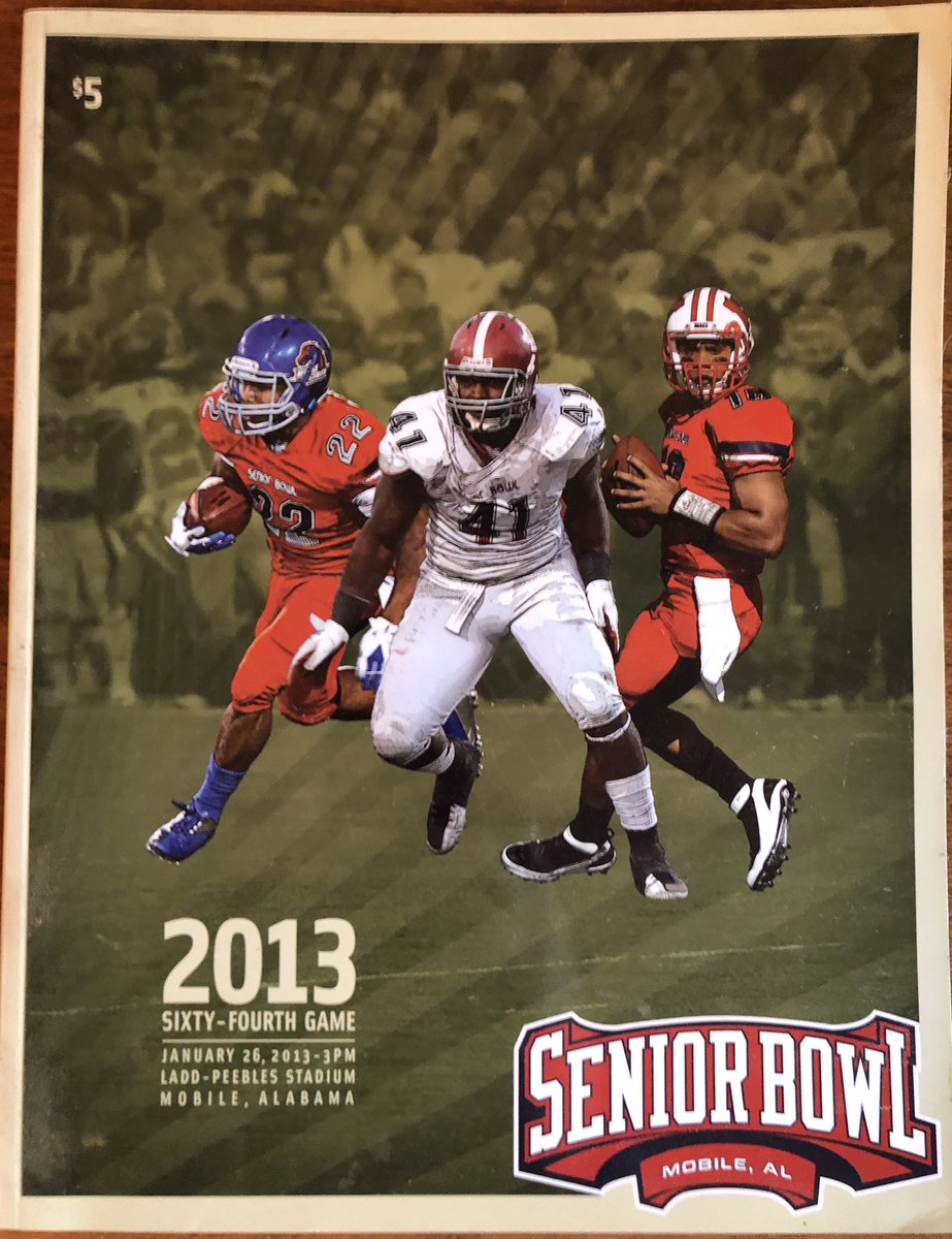 DerekQualls's tweet photo. I’ve been to  a Senior Bowl or 2. @JimNagy_SB has brought this game to a totally different level. Outstanding!! This is my prized collection. But I can’t understand the 2013 program and it’s blank spine. Gotta be a print error? @NFLDraft starts in Mobile! https://t.co/phzZwwN8ap