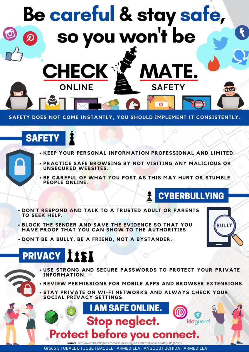 FEU_ScienceEd's tweet photo. Sciekadas, here are some of the Tips for you to be safe online. Be careful and stay safe, so you won’t be checkmate. ♟ 

created by: Jose, Bacuel, Basa, Armedilla, Angcos, Uchida &amp; Ubaldo  

#FEUScieTalk #OnlineSafety #TED1203 #EdChat https://t.co/dl970Ppl0D