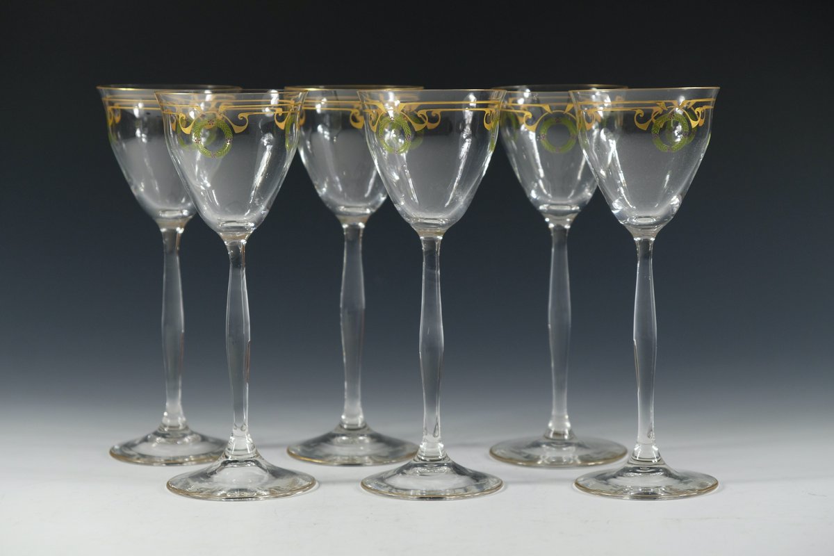 Set of six Theresienthal enamelled wine glass C1910 #theresienthal #hockglasses #antiqueglass #20thcenturyglass #enamelled #marrisantiques #forsale #bada #uk