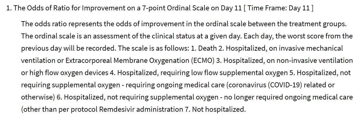 As for the endpoint, it has moved from a binary thing to a 7-level thing.This is good, because it means that a patient who is benefitted (but doesn't cross the 14-day discharge threshold) can still contribute useful information about the benefit.