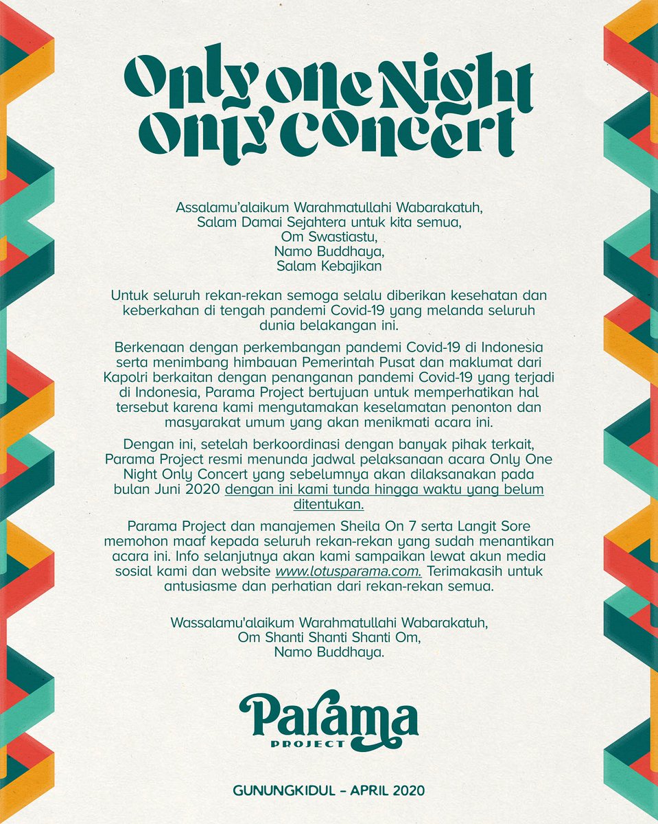 ProjectParama's tweet photo. Dengan berat hati, kami harus menunda Only One Night Only Concert 2020 sampai waktu yang belum ditentukan dikarenakan efek dari Pandemi Covid-19 di Indonesia. Kesehatan dan keselamatan semuanya adalah prioritas utama kami, semoga ada kabar baik agar kita bisa segera berjumpa. https://t.co/DQnCFQNoeR