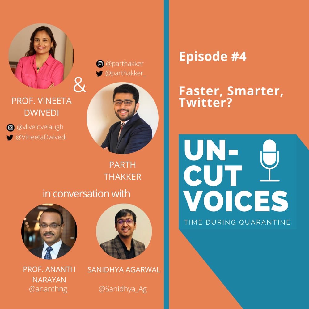 VineetaDwivedi's tweet photo. #UnCutVoices is where we discuss what’s going on in #WheninLockdown! With Prof @ananthng we mull over how social media is a boon and a bane! @parthakker_ and I also talk to @agsanidhya  about Twitter and Corona 'Infodemic'. https://t.co/9JS5o46uHf #podcast https://t.co/E4RSUEZ6jq