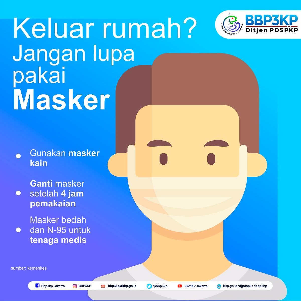 Sebagai langkah antisipasi penyebaran COVID-19, gunakan masker baik yg sedang sakit maupun yg sehat pd saat aktivitas diluar rumah. Masker kain dpt digunakan oleh masyarakat umum, masker bedah dan masker N-95 digunakan oleh tenaga medis.
Yuk jangan lupa keluar rumah pakai masker.