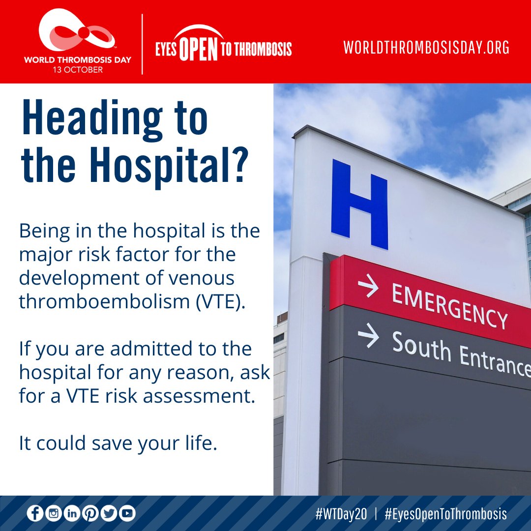 thrombosisday's tweet photo. If you are heading to the hospital, ask for a VTE Risk Assessment. Being in the hospital is THE major risk factor for the development of venous thromboembolism (#VTE).  

Not sure what to say? Bring this checklist of questions to ask the doctor:  https://t.co/RsfREnf7m8

#WTDay20 https://t.co/Q1zQuH8jV2