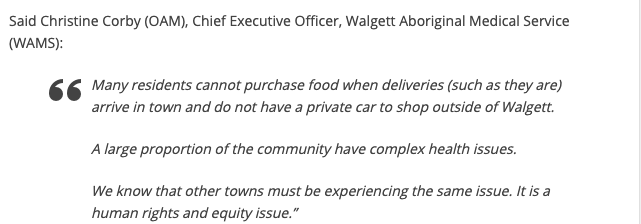 They write that many families rely on the meals provided by the school canteen and breakfast programs; now that the children are at home, they are running short of food and ongoing shortages at the Walgett IGA are exacerbating this food insecurity. https://croakey.org/walgett-community-unites-to-tackle-pandemic-related-food-shortages/