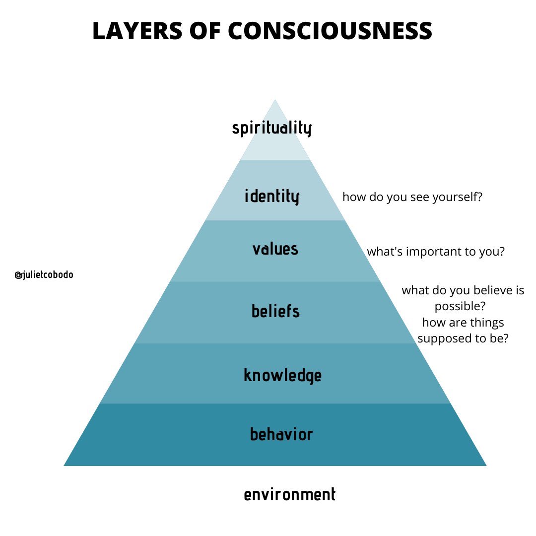 This is called the logical levels of change through consciousness Use the questions to carve out your identity/values/beliefs.Then what you need to learn/do to hit your goal.