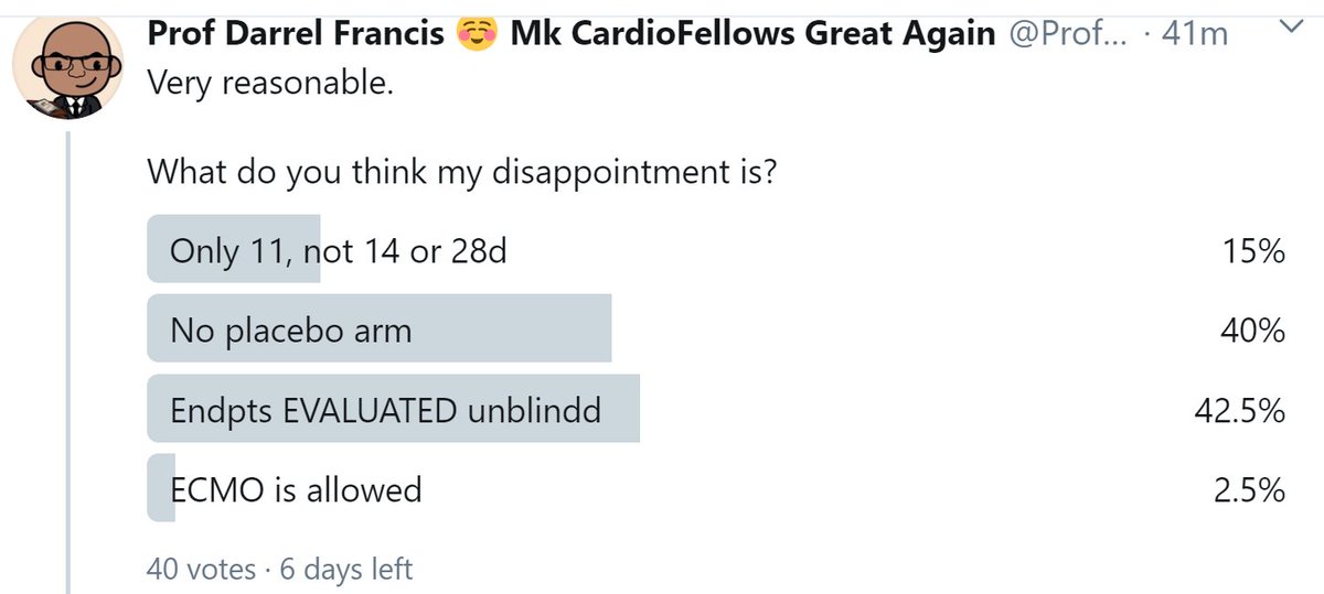 One little postscript.(I see the anti-capitalism campaigners are in: Smash ECMO! Down with Ventilation! Up the revolution!)Think why I would not push for a much longer timepoint than 11d, for this 7-level endpoint.