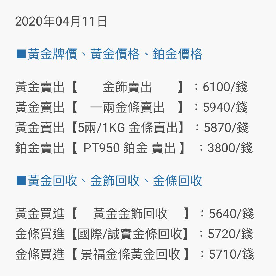 2020年04月11日黃金回收、K金回收、鉑金回收✨查看當日黃金回收價格👉 https://t.co/N1MXuAsqeM #黃金回收#黃金回收 推薦#K金回收#白金回收#鉑金回收