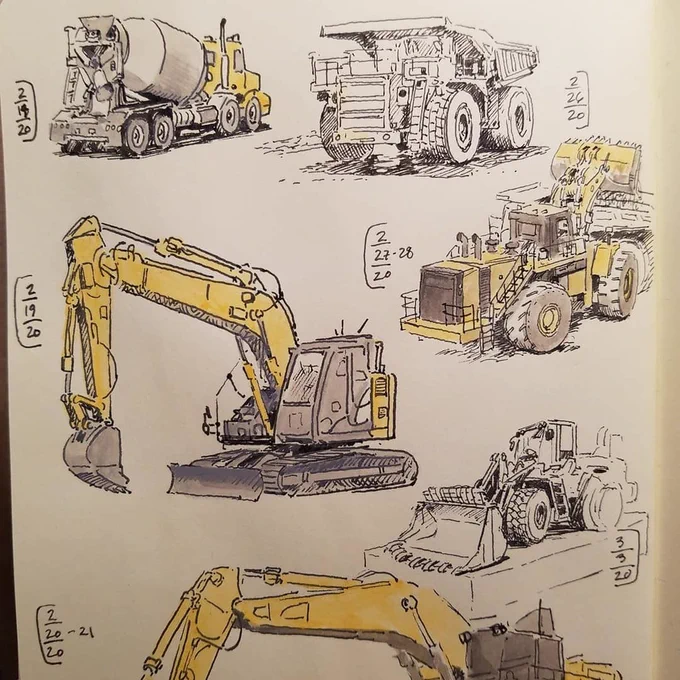 Before schools closed, I was managing to get 15 minutes of #ink #sketching in every few days. I was really trying to focus on making marks count, no ✏️, #AcrylaGouache accents. I was also going through a big machines phase thanks to a little boy (not min… https://t.co/hYm4WH4mhr 