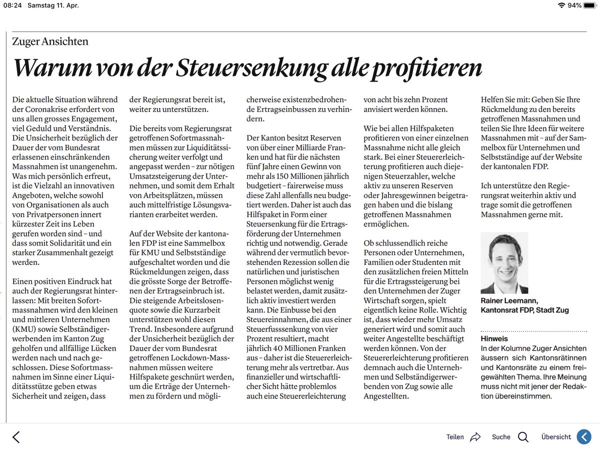 Jetzt ist Zeit für Steuersenkungen, sagt Rainer Leemann im Gastkommentar der Schweiz am Sonntag.