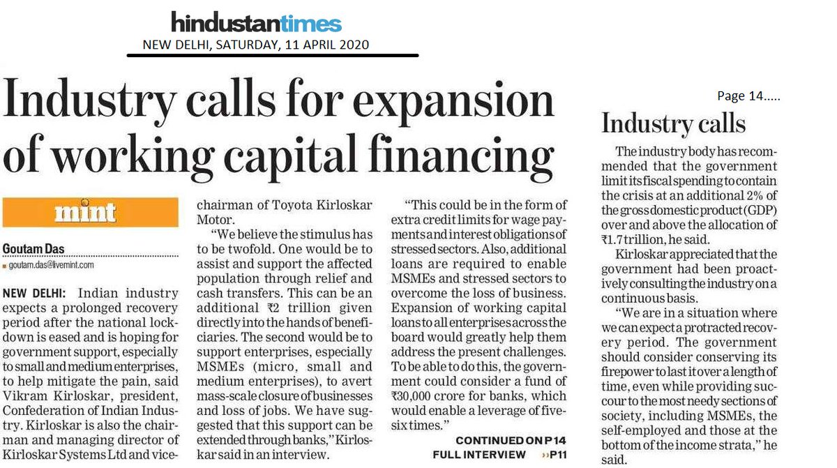 FollowCII's tweet photo. The stimulus has to be twofold. One to assist&amp;support the affected population thru relief&amp;cash transfers&amp;second to support enterprises, esp. #MSMEs, to avert mass-scale closure of businesses&amp;loss of jobs. ~ @vikramkirloskar, President, CII #cii4india https://t.co/USsuJhZNRy https://t.co/6FkFO1hE2r