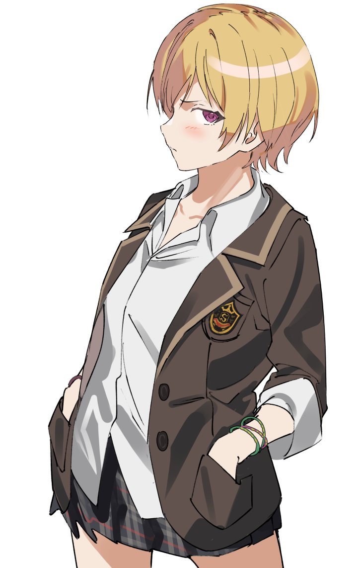 saijo juri 1girl solo blonde hair skirt jacket short hair white background  illustration images