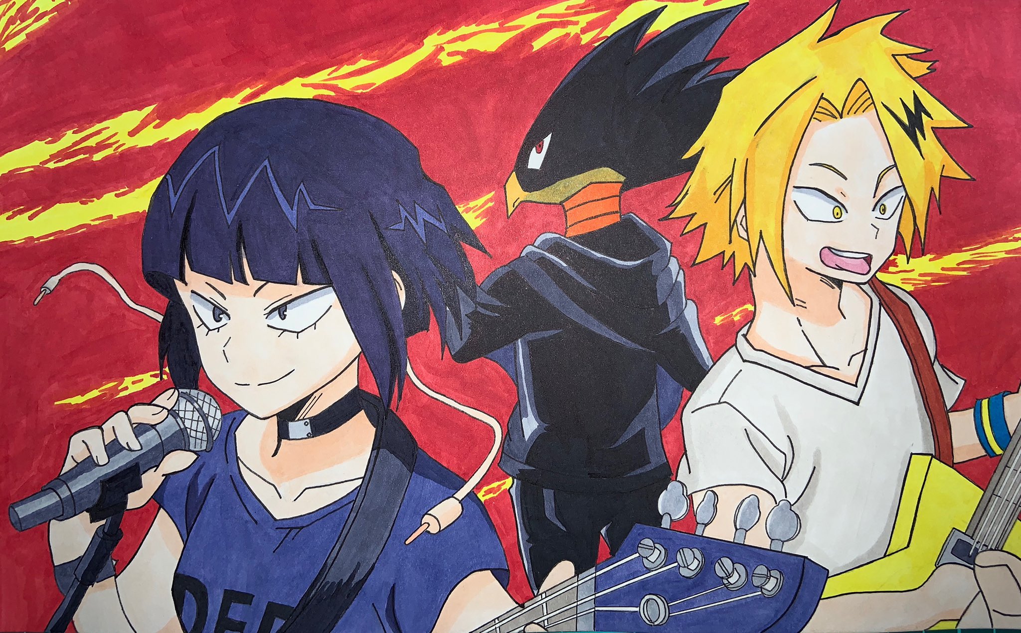 シュー 初めて背景つけました 文化祭編3人 耳郎ちゃん 上鳴くん 常闇くん ヒロアカイラスト ヒロアカ 上鳴電気 耳郎響香 常闇踏陰 T Co Nzonljqbgs Twitter