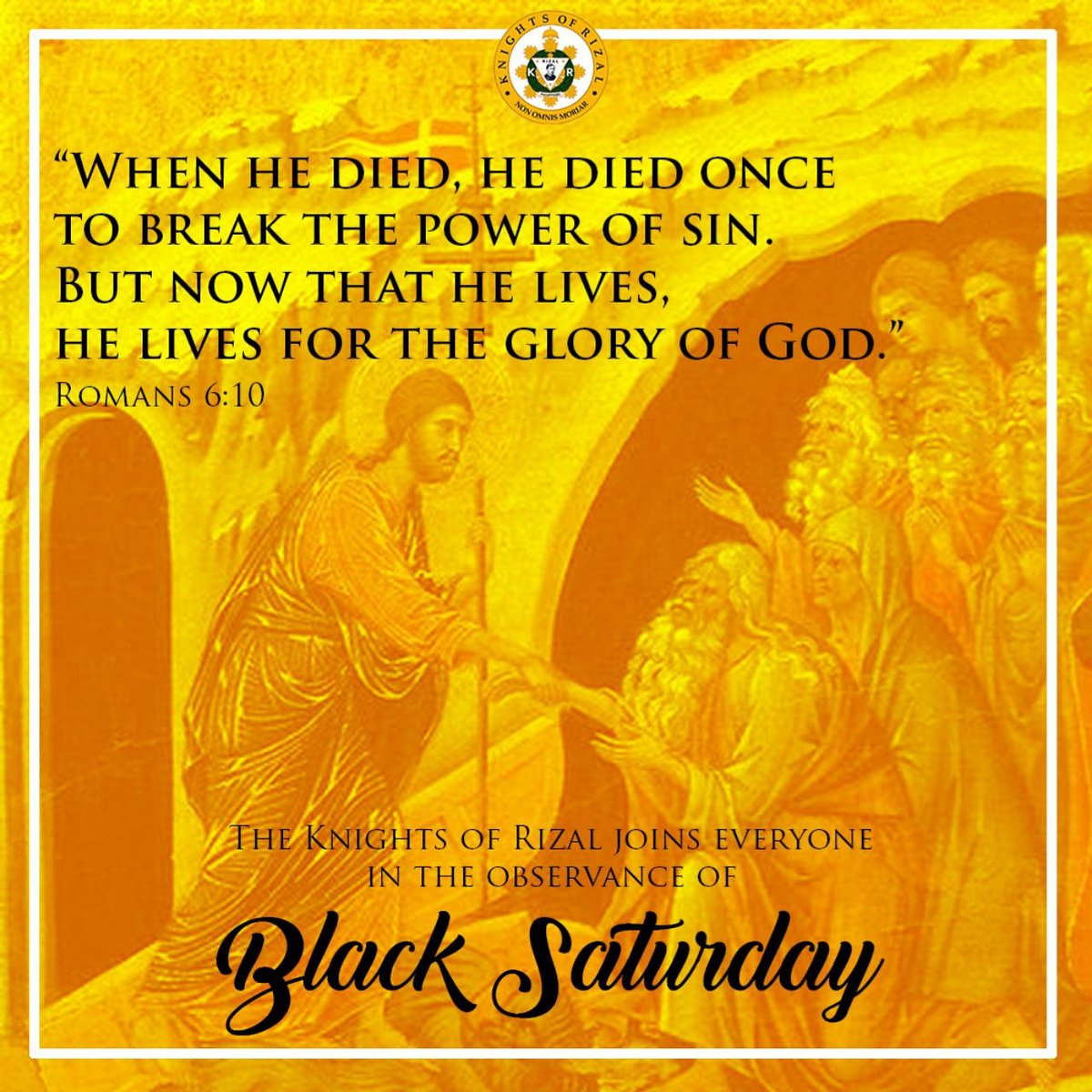 kor_ihq's tweet photo. Today is Holy Saturday or Black Saturday. As we await in quietude of His resurrection, we pray for our Knights, Ladies, and Youth who serve as frontliners. We join also in prayer all who are afflicted with CoVID-19, those who passed away because of the virus, and their families. https://t.co/Tnum31jhWT