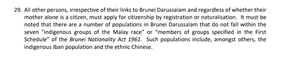 Bayangkan, kalau misalnya Brunei gak kasi citizenship ke etnis Tionghoa karena dianggap "pendatang", lalu kenapa pribumi non-Melayu (Etnis Iban) di sana juga gak dikasi citizenship? Karena agamanya beda gitu?Mau ke Brunei? THINK AGAIN!