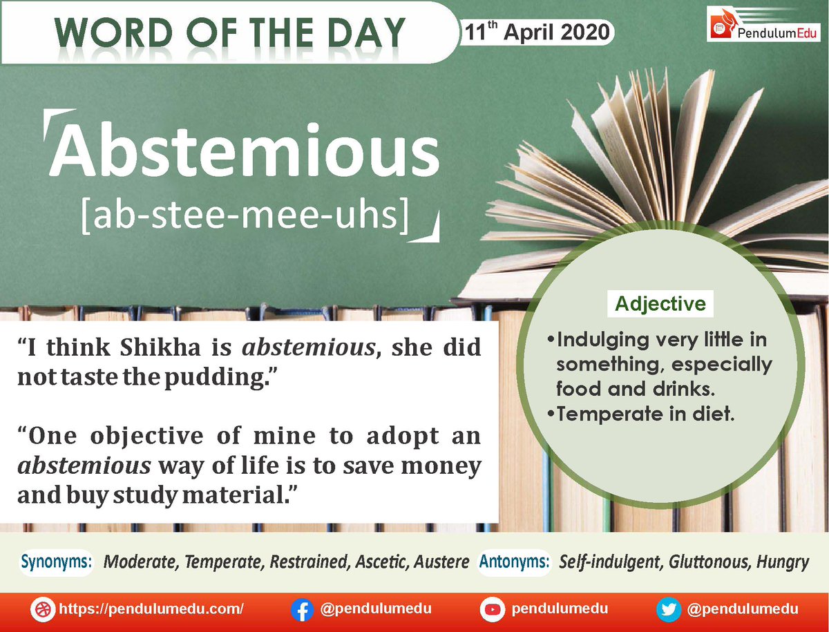 pendulumedu's tweet image. "I think shikha is abstemious, she did not taste the pudding."
Read in detail Here - bit.ly/2t66BkD
#Abstemious #wordoftheday #vocabulary #grevocab #cat #ssc #railways #banking #dictionary #pendulumedu