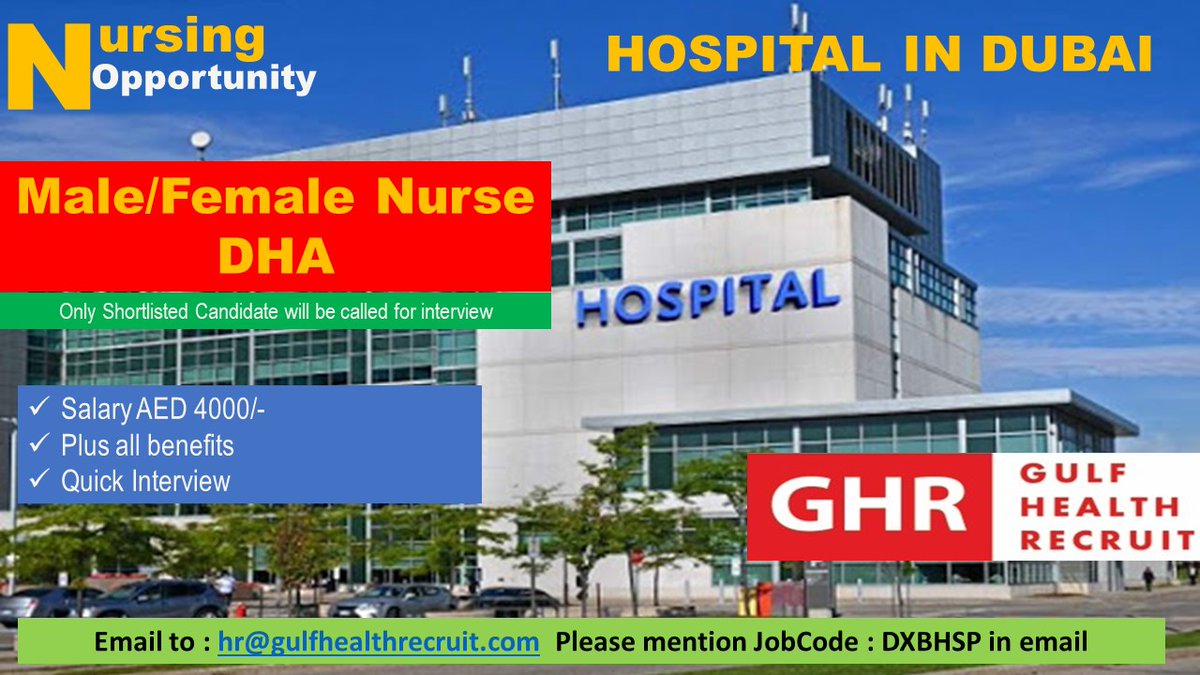 ghrdubai's tweet photo. A reputed and leading Hospital in Dubai has mandated Gulf Heath Recruit to recruit Female/ Male Nurses.. 

Please share your CV – cv@gulfhealthrecruit.com / hr@gulfhealthrecruit.com or send your queries on Whatsapp : +971 543747701 https://t.co/aDLyCufMun