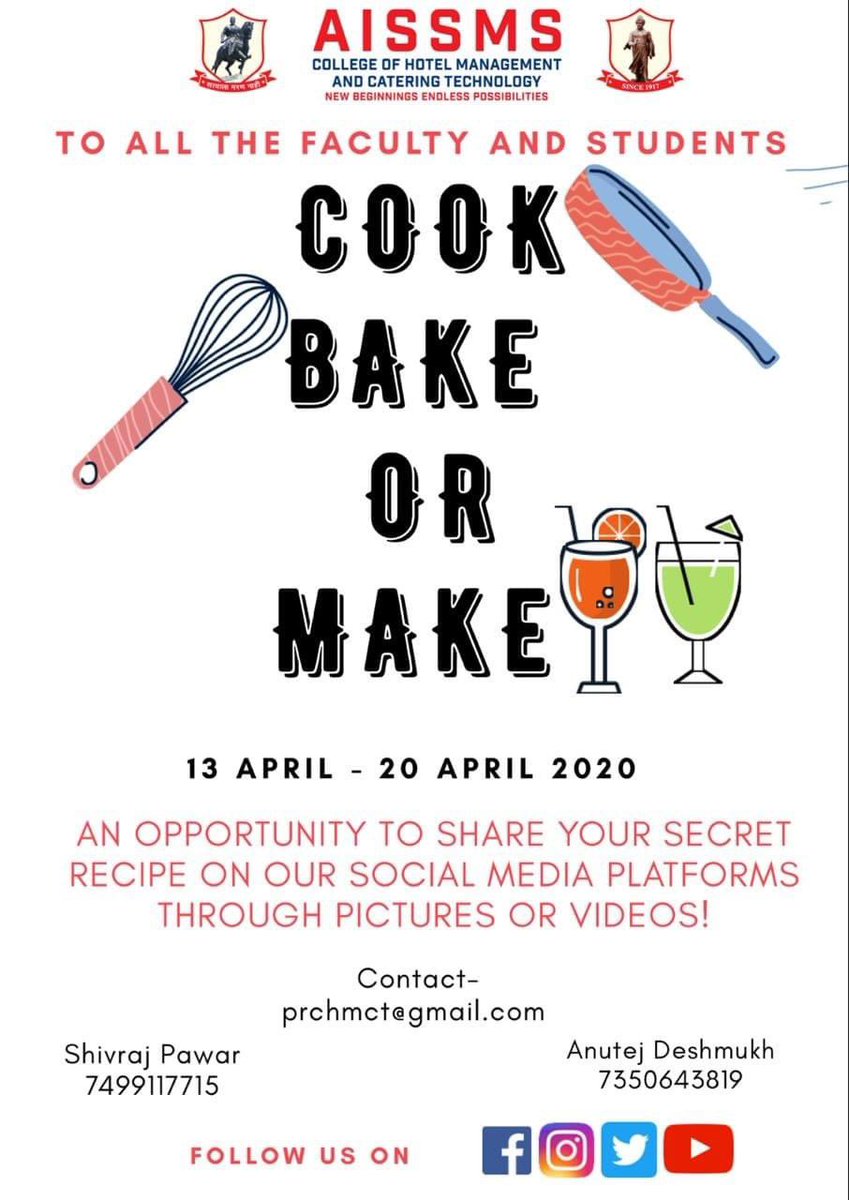 AISSMS_CHMCT's tweet photo. #StayHomeIndia #StaySafe #aissmschmct #aissms #CookBakeMake https://t.co/VF6ux5IjTS