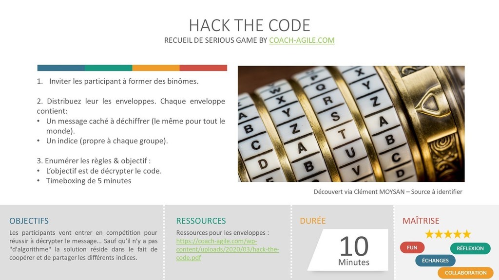 mickaelruau's tweet image. Souvenir d&apos;#agileLaval 2019 :
Découvrez l&apos;icebreaker : HACK THE CODE ! Fun et ludique ! coach-agile.com/serious-game/h…