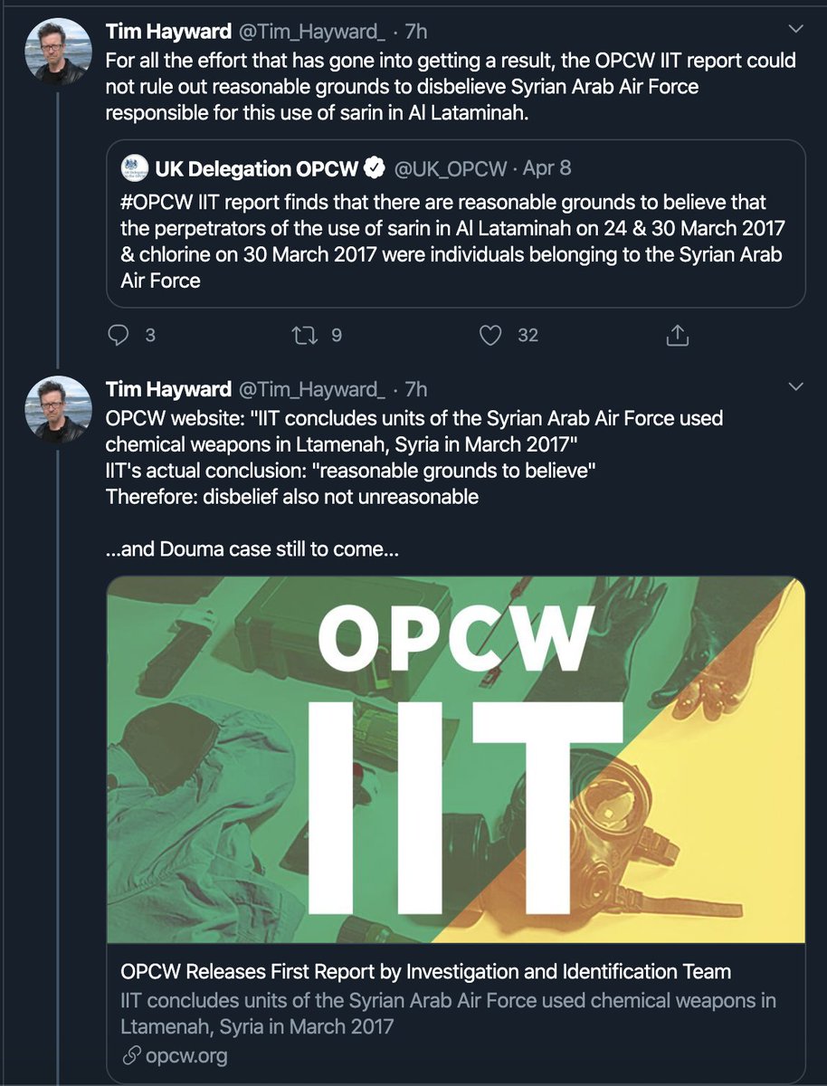 Just yesterday Prof Hayward tried to claim the recent OPCW report laying out how the Syrian government used nerve agents on its own people was somehow wrong. Spoiler - it is not wrong.