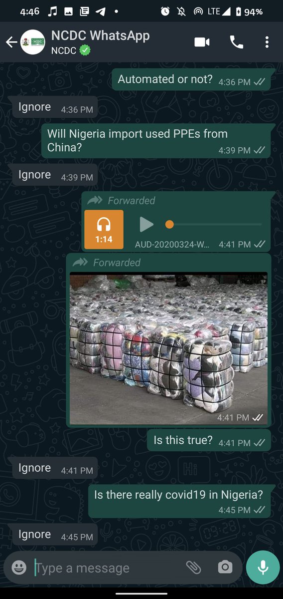 Last week, I thought to work on a general piece to help readers avoid the landmines of misinformation on  @WhatsApp, one of the biggest platforms for sharing misinformation in Africa. I asked the  @NCDCgov WhatsApp line some questions, and this happened. THREAD. Please RT.