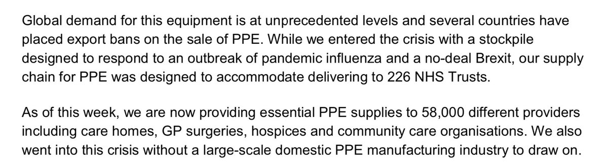 This, from the intro to govt’s PPE plan, is interesting. Apparently even though they had a PPE stockpile to respond to pandemic flu and no-deal Brexit, they didn’t account for supply to anywhere but NHS trusts, nor consider UK might need our own PPE manufacturing capacity. 