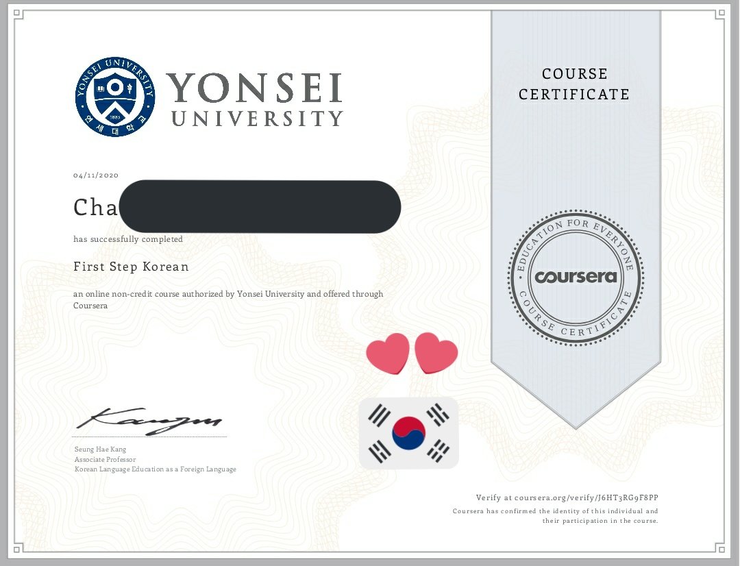 เรียนจบคอร์ส First Step Korean ของ ม.ยอนเซ (Top3ของม.ในเกาหลี👍) ได้เกียรติบัตรแล้วค่ะ 🙏🙏🙏😍😍😍 ทุกคนมาเรียนภาษาเกาหลีกันเป็นระดับเริ่มต้น อ.สอนเป็นภาษาอังกฤษ เข้าใจง่าย ที่สำคัญ ช่วงนี้ได้ใบเซอร์ฟรีด้วย ไม่เสียตังค์ ลิ้งค์เราจะแปะในเมนชั่นนะคะ^^ #รีวิวเกาหลี #เรียนภาษาเกาหลี