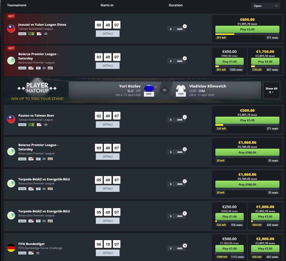 🔥 What a day of live, daily fantasy sports we have in store for you on this sunshiny day!

🇹🇼🏀 Taiwan Basketball
🇧🇾⚽️ Belarus Premier League
🇩🇪🎮 FIFA eBundesliga tournament
🌍🎮 FIFA Daily Event tournament

Get involved - tell a friend - enjoy!

👉 FanTeam.com