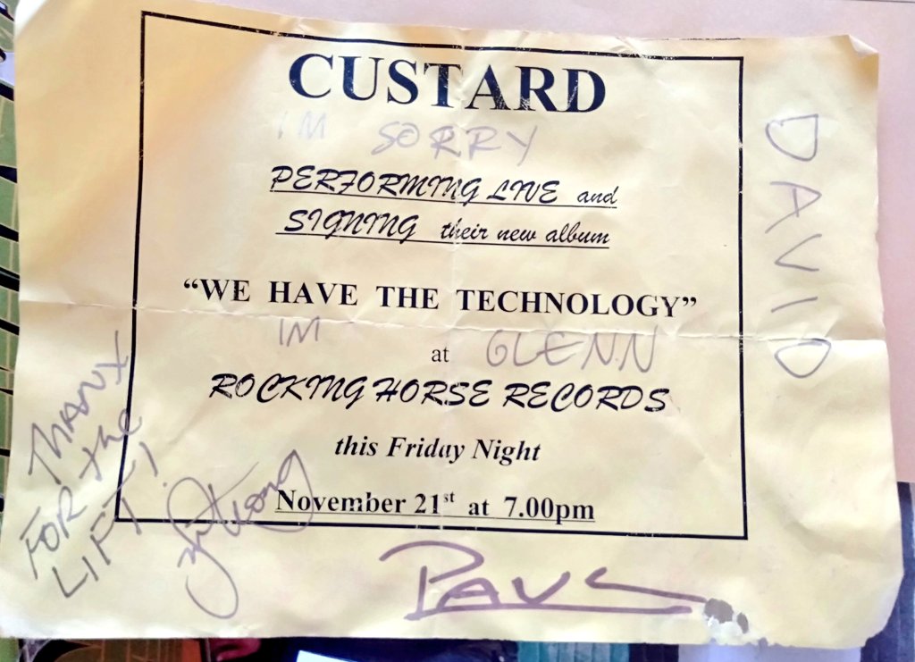 First thing of note in the box - an old, signed flyer from a  #Custard instore at Rocking Horse (1997, I think?). From memory, I ran into Matthew Strong as he was unloading some gear from a taxi helped carry some amps up a service loft, hence the "Thanks for the lift" remark.