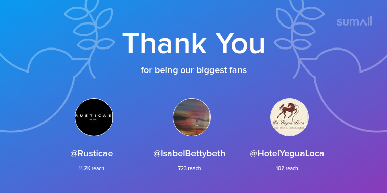 Our biggest fans this week: Rusticae, IsabelBettybeth, HotelYeguaLoca. Thank you! via sumall.com/thankyou?utm_s…