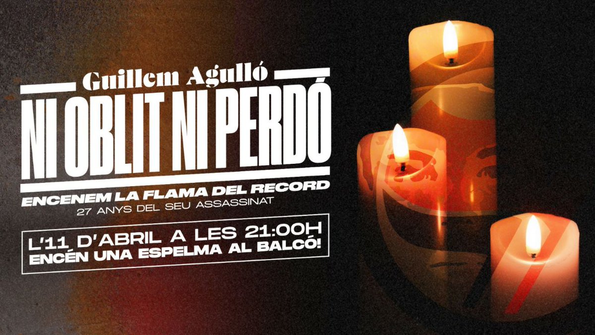 Avui fa 27 anys un grup de neonazis va assassinar d'una ganivetada al cor l'antifeixista Guillem Agulló i Salvador.

Avui, 27 anys després, no oblidem, no perdonem. A les 21h omplirem ela balcons d'espelmes. Comparteix la teva amb l'etiqueta #27anysambtu