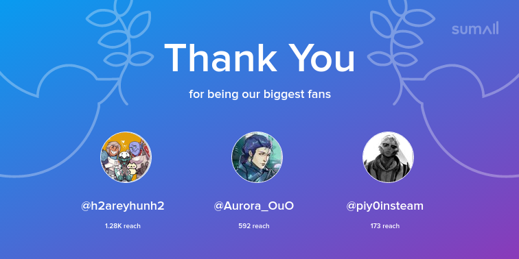 Our biggest fans this week: h2areyhunh2, Aurora_OuO, piy0insteam. Thank you! via sumall.com/thankyou?utm_s…