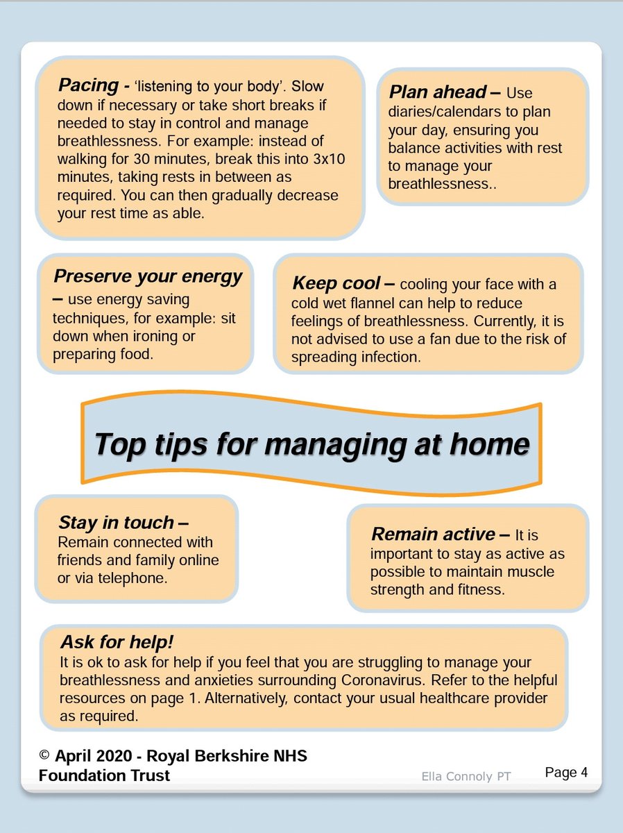 Please utilise our fantastic guide on managing breathlessness at home developed by the brilliant <a href="/PhysioElla/">Ella_Physio</a> <a href="/RBNHSFT/">Royal Berkshire NHS Foundation Trust</a> <a href="/rbhtherapyteam/">RBH THERAPY TEAM</a> #Physiotherapy #AHP #Covid19