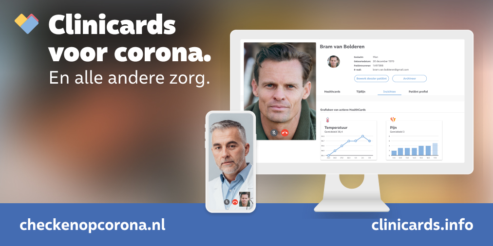 Clinicards voor corona biedt optie tot beeldbellen met de patient voor veilige zorg op afstand. Zie checkenopcorona.nl