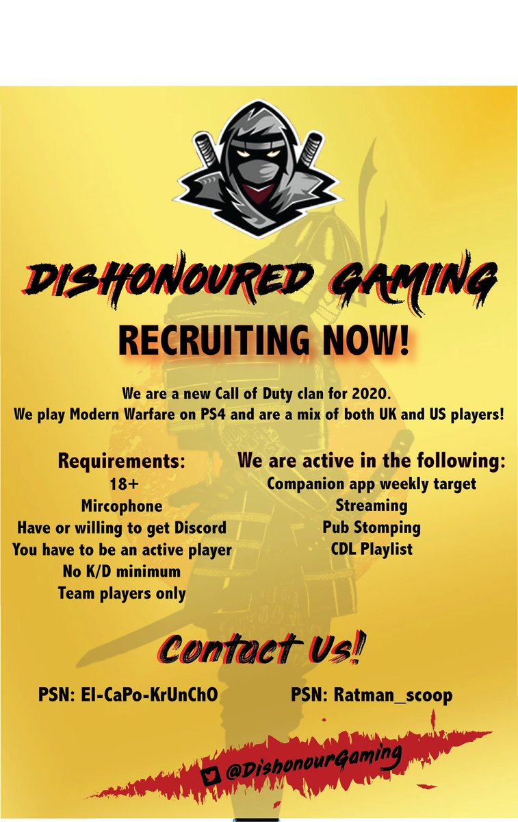 DishonourGaming's tweet photo. @Mighty_RTs 
@LaZy_RTs 
@FlyRts 
@SGH_RTs 
@ShoutGamers 
@Clan_Finder_ 
@CoD_RTs 
@CoDRecruitMe 
@FindMeAClan https://t.co/ZINXoX3Hms https://t.co/fdHndaAadt