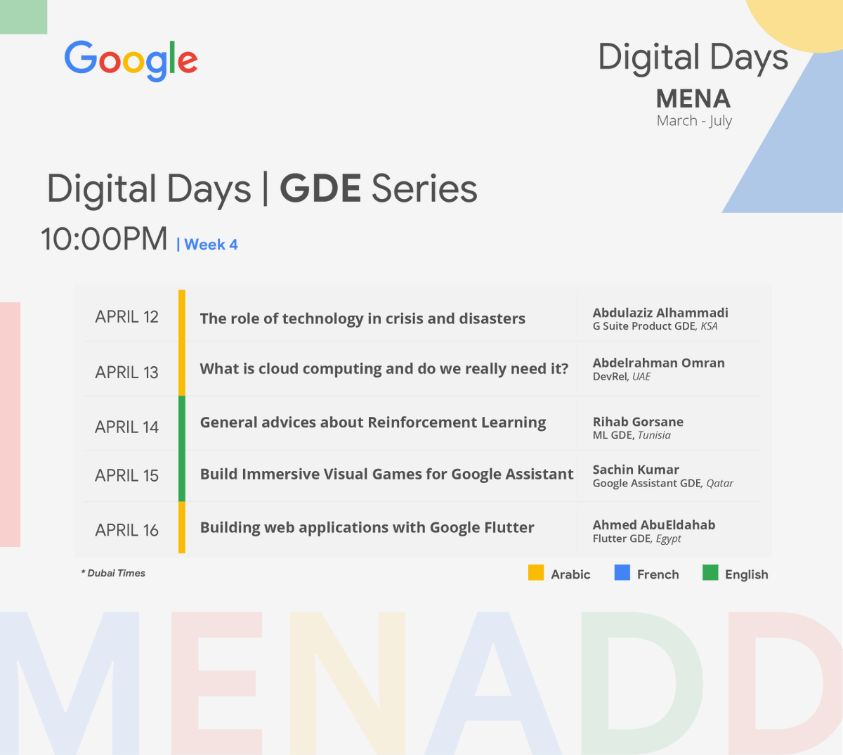 #MENADD Digital Days-GDE/ <a href="/GoogleDevExpert/">@GoogleDevExpert</a> Series starts this week

Watch LIVE <a href="/YouTube/">YouTube</a>:bit.ly/mena-dd-yt
Each Sun-Th 10-11pm GST

Info: bit.ly/mena-dd

Meet Top Experts, ask questions &amp; learn from the best.
<a href="/Abdulaziz_Hmadi/">عبدالعزيز الحمادي</a>
<a href="/Omranic/">Abdelrahman Omran</a>
<a href="/RihabGrs/">Rihab Gorsane</a>
<a href="/sachin_atk/">Sachin Kumar</a>
<a href="/dahabdev/">Ahmed Abu_eldahab 💙</a>