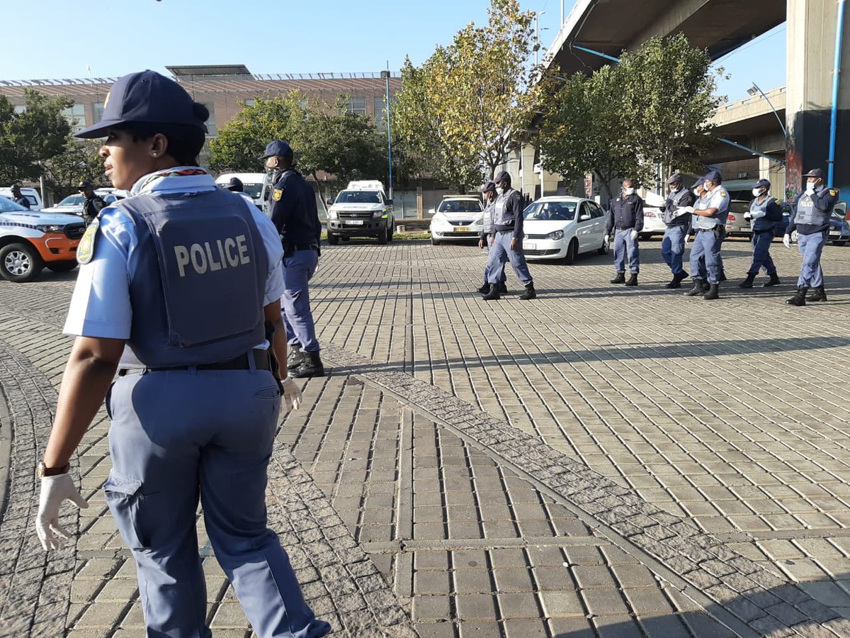 SAPoliceService's tweet photo. #sapsGP  Members of Gauteng #SAPS, SANDF &amp; JMPD getting ready to patrol the streets of Johannesburg on Saturday, 11 April 2020, to ensure that the community of JHB CBD &amp; surrounding areas adhere to the National Disaster Management Regulations. #LockdownSA #StayHomeSA TM https://t.co/puhdNLT3tC