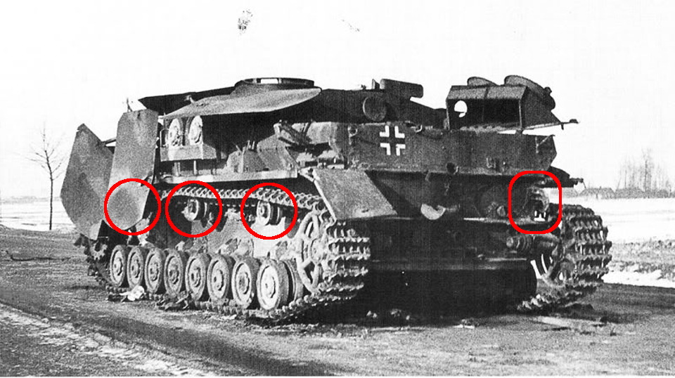 Tk M2 時期的にトーマシュルツェンが採用されているはずの上部転輪が3個になった時期でもスイング式シュルツェンのみ ついでに牽引フックも従来型だったり バンプストップやハブキャップ 上部転輪等でkruppは元祖だからか供給ルートの関係かnibelungenとは