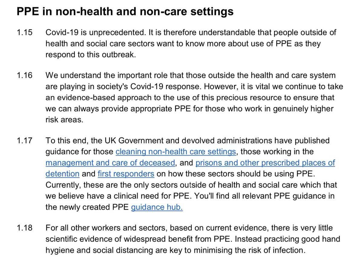 This section of the plan, for non-health and non-care settings is the section that basically denies any need for PPE for most other worktasks and workplaces. (This may be correct, and I do understand that health and care settings are higher risk.)